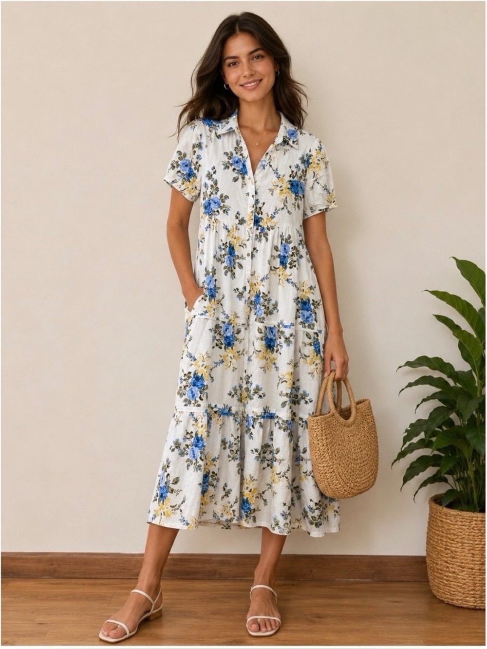 Laura Ashley Linen Blend Floral Midi Dress White Blue Yellow Button Front Size M